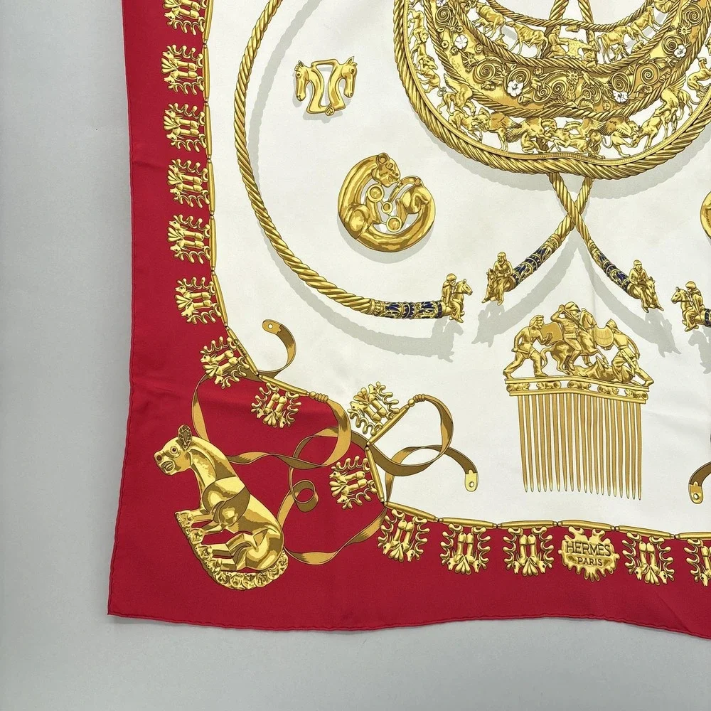 Hermes Scarf Silk Red Gold Les Cavaliers D'Or Horse Print Square Carre 90 VTG